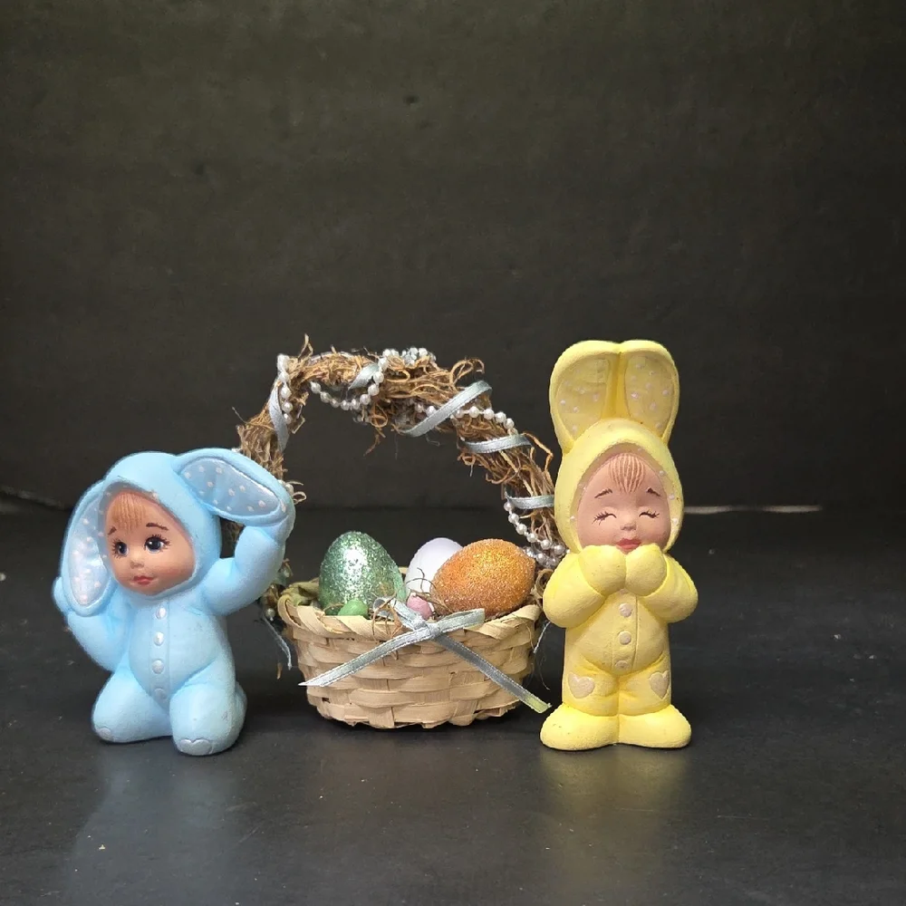 Vtg Easter Bunny Baby Pixies Ceramic Hand Painted Set Of 2~Kitschy~Cute ♡ Basket